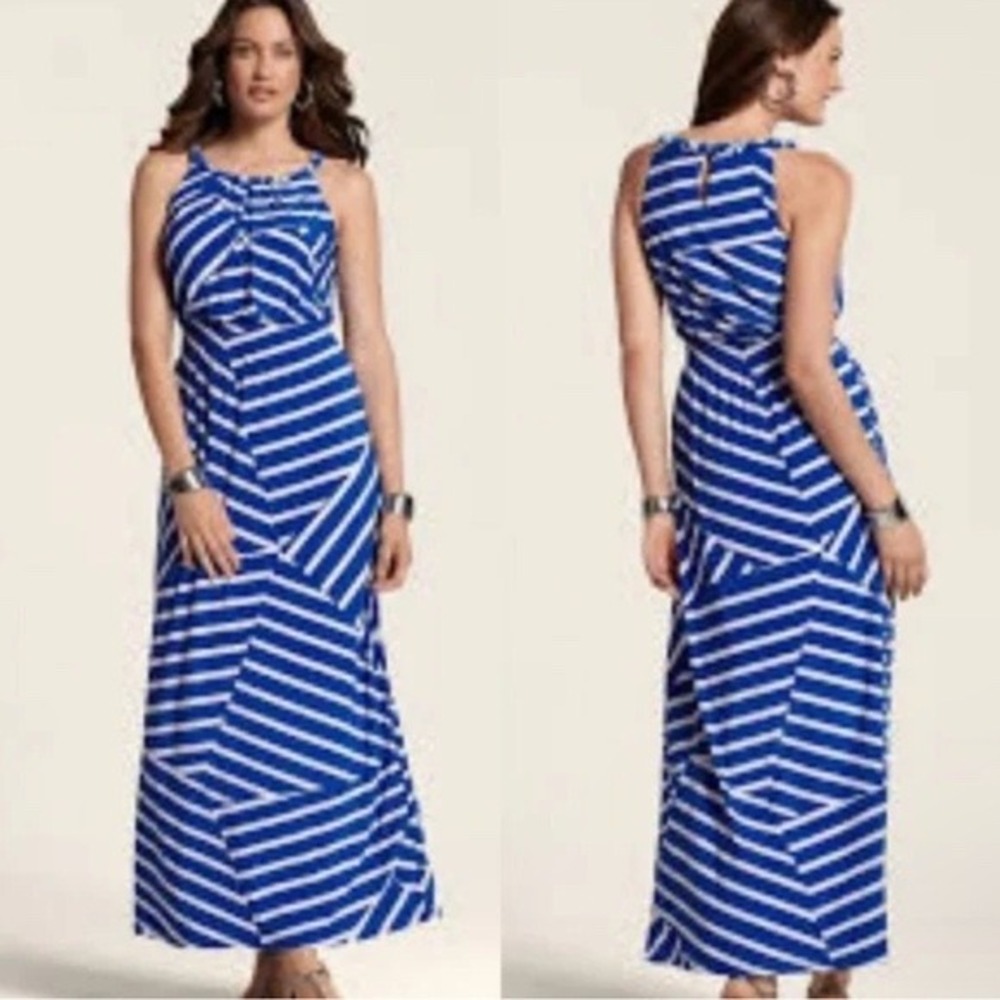 Chico's Maxi‎ Dress Blue White Striped Brooke Sleeveless chicos size 2 / Large